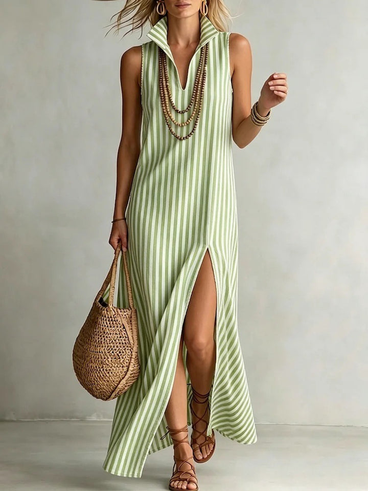 Abito Maxi Senza Maniche a Righe per Donna, Collo Alto a V con Fessura Anteriore, Abbigliamento da Spiaggia Casual