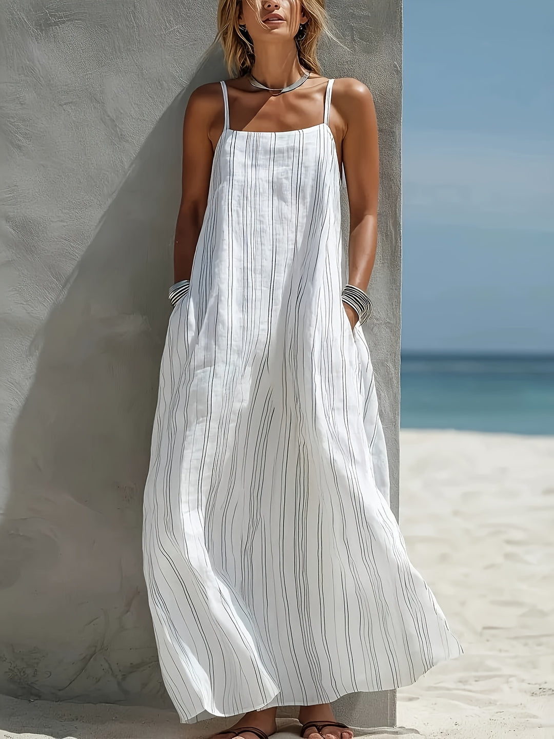 Abito Maxi in Lino a Righe da Donna - Senza Maniche con Scollo Quadrato - Abito a Linea con Tasche | Collo/Camelien Adatto per Vacanze al Mare, Abbigliamento da Resort | Abito Estivo Lungo e Fluttuante per Viaggi, Outfit Giornalieri | Abito Lavabile in La