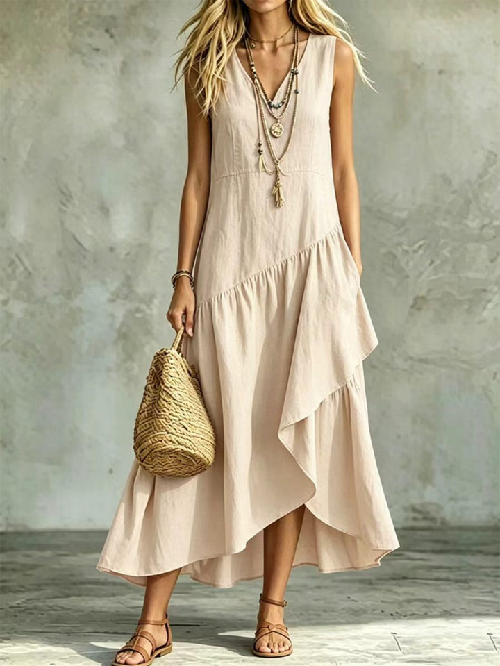 Abito Maxi Asimmetrico Senza Maniche con Scollatura a V, Abito Casual con Orlo Alto-Basso e Tasche, Abito Estivo Fluttuante in Colore Unito per Donne