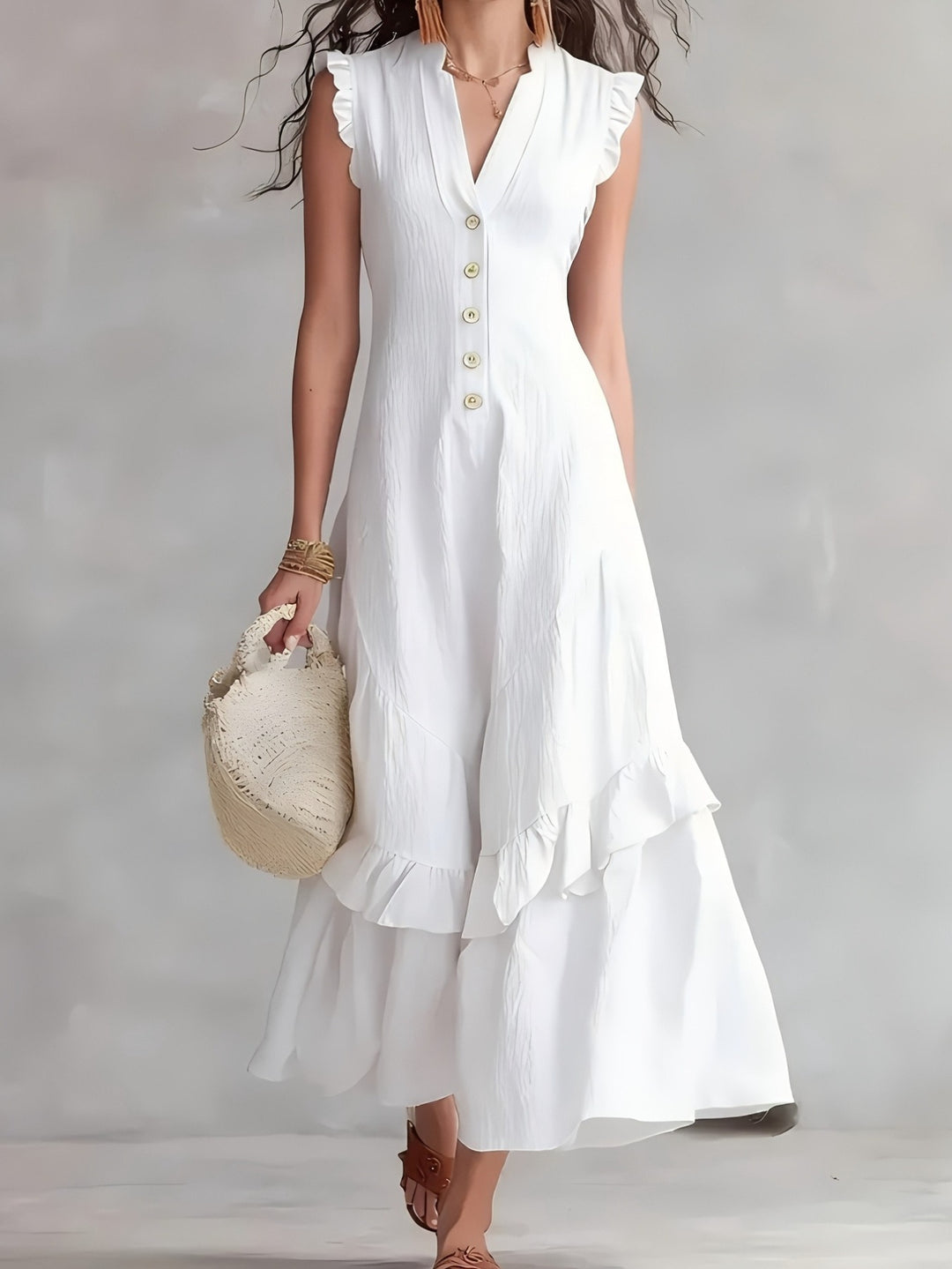 Elegante Abito Maxi Senza Maniche con Scollo a V e Orlo a Righe - Tessuto Bianco Lavabile Adatto per Pendolarismo e Abbigliamento Semi-Formale, Abito Monocromatico Lavabile in Lavatrice per Primavera Estate Autunno