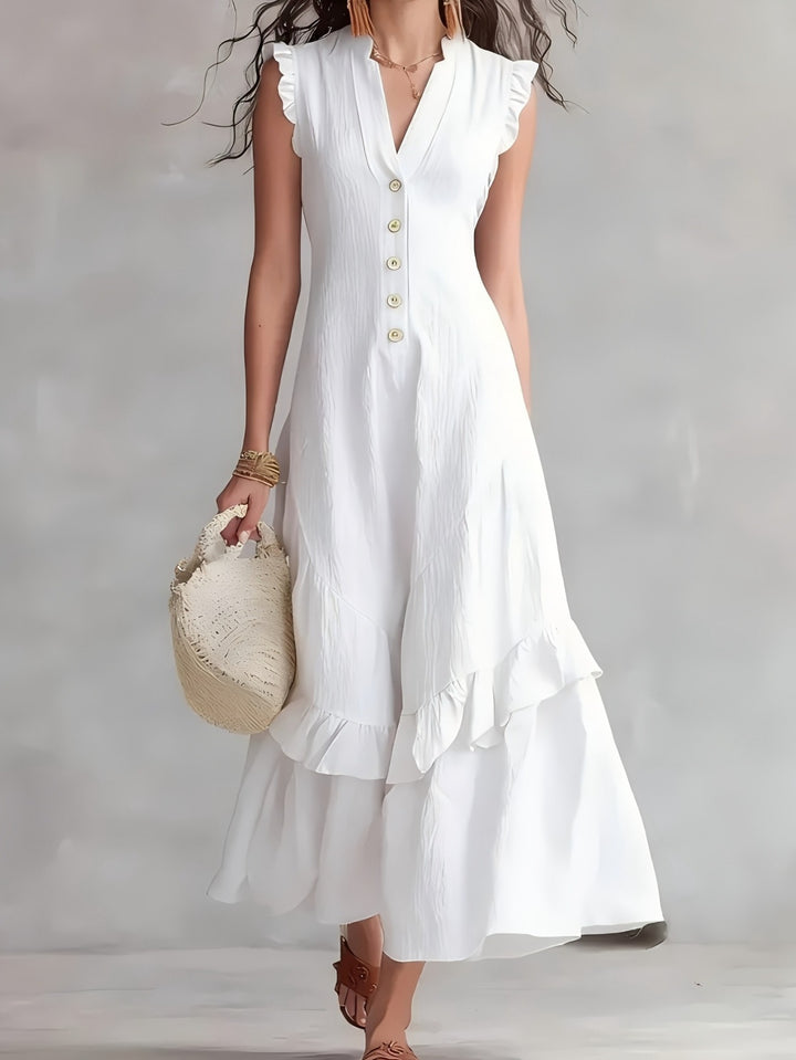 Elegante Abito Maxi Senza Maniche con Scollo a V e Orlo a Righe - Tessuto Bianco Lavabile Adatto per Pendolarismo e Abbigliamento Semi-Formale, Abito Monocromatico Lavabile in Lavatrice per Primavera Estate Autunno