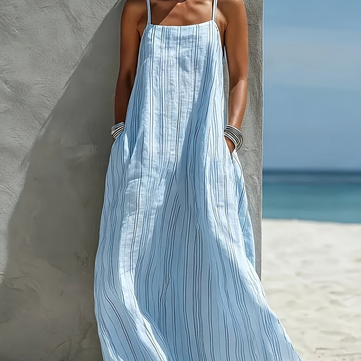 Abito Maxi in Lino a Righe da Donna - Senza Maniche con Scollo Quadrato - Abito a Linea con Tasche | Collo/Camelien Adatto per Vacanze al Mare, Abbigliamento da Resort | Abito Estivo Lungo e Fluttuante per Viaggi, Outfit Giornalieri | Abito Lavabile in La