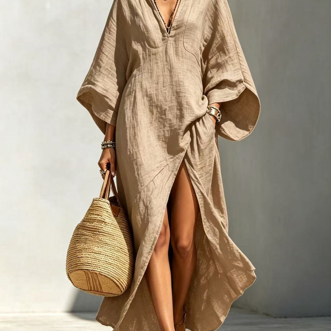 Abito Maxi con Maniche a Kimono - V-Neck con Fessura Frontale e Tasche Laterali, Stile Casual da Spiaggia