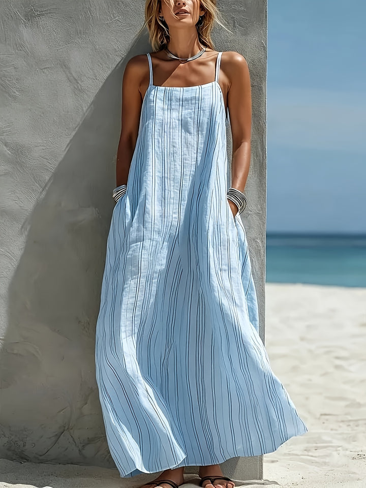 Abito Maxi in Lino a Righe da Donna - Senza Maniche con Scollo Quadrato - Abito a Linea con Tasche | Collo/Camelien Adatto per Vacanze al Mare, Abbigliamento da Resort | Abito Estivo Lungo e Fluttuante per Viaggi, Outfit Giornalieri | Abito Lavabile in La
