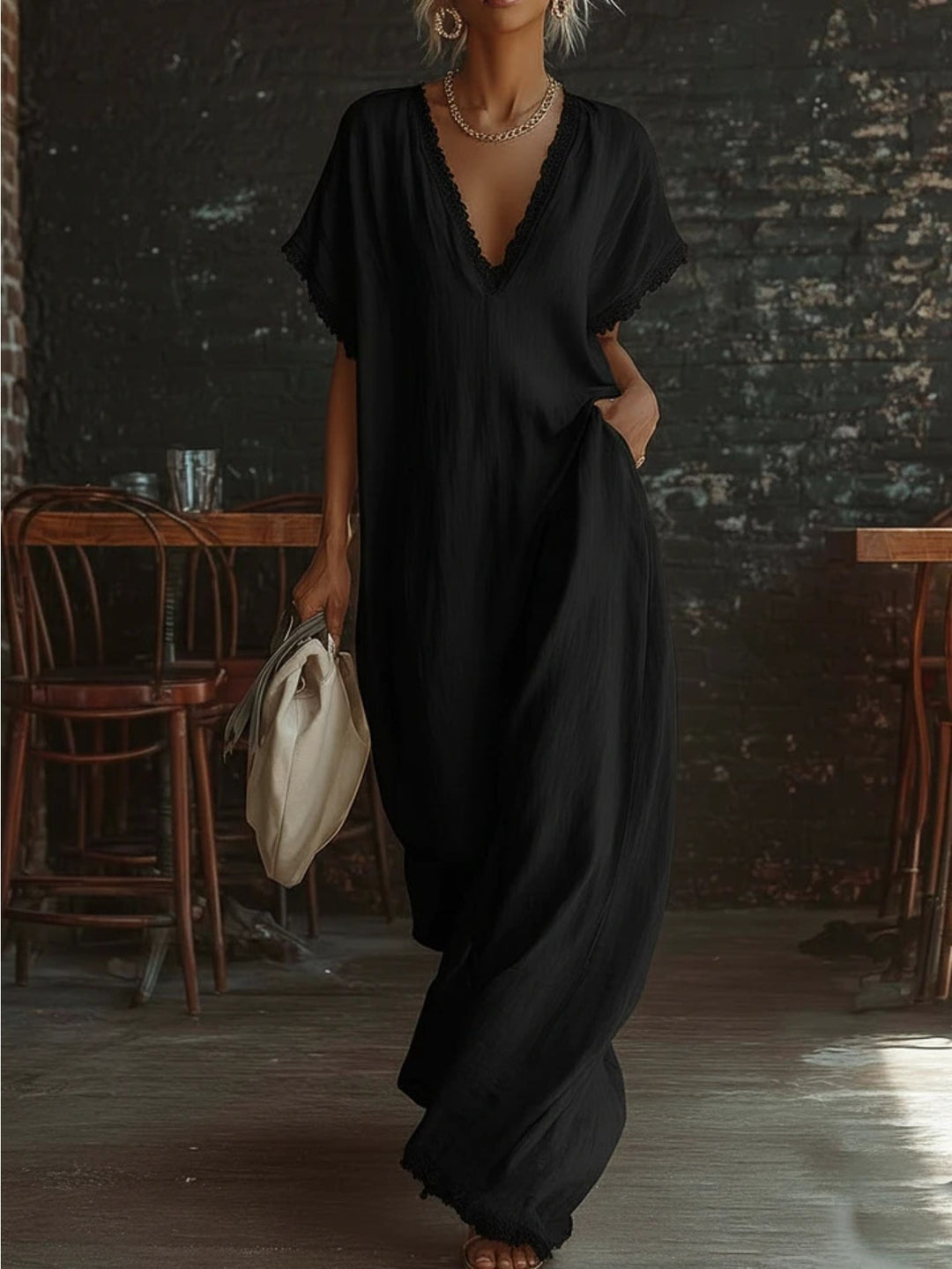 Abito Maxi Lino Bianco con Scollo a V e Bordo in Pizzo, Estivo, Nuovo, Slim Fit, Maniche Corte, Casual, Versatile, per Vacanze
