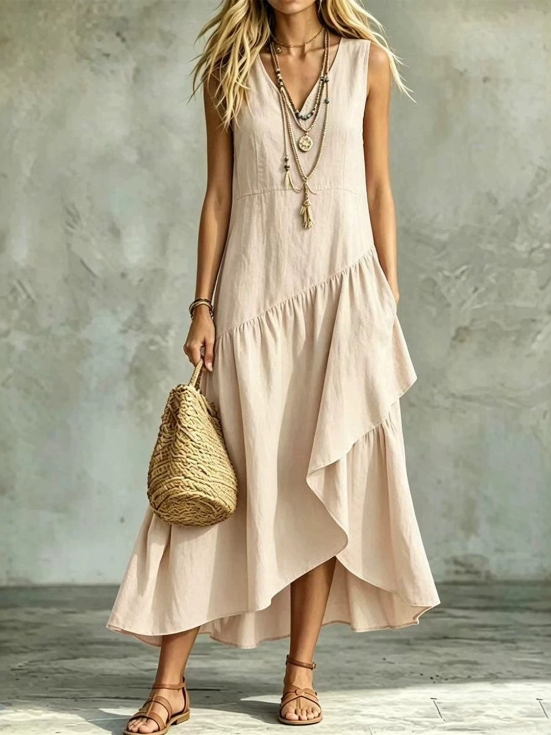 Abito Maxi Asimmetrico Senza Maniche con Scollatura a V, Abito Casual con Orlo Alto-Basso e Tasche, Abito Estivo Fluttuante in Colore Unito per Donne