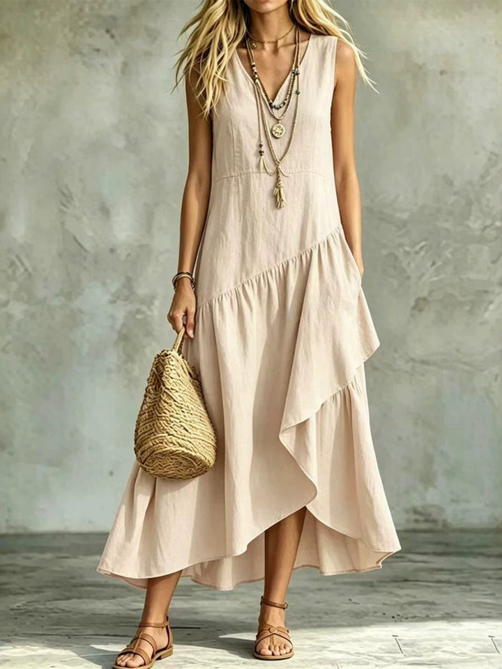 Abito Maxi Asimmetrico Senza Maniche con Scollatura a V, Abito Casual con Orlo Alto-Basso e Tasche, Abito Estivo Fluttuante in Colore Unito per Donne