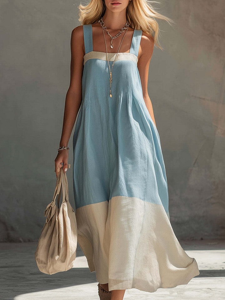 Abito Maxi Color Block da Donna, Scollo Quadrato con Spalline e Tasche, Stile Estivo Casual da Spiaggia