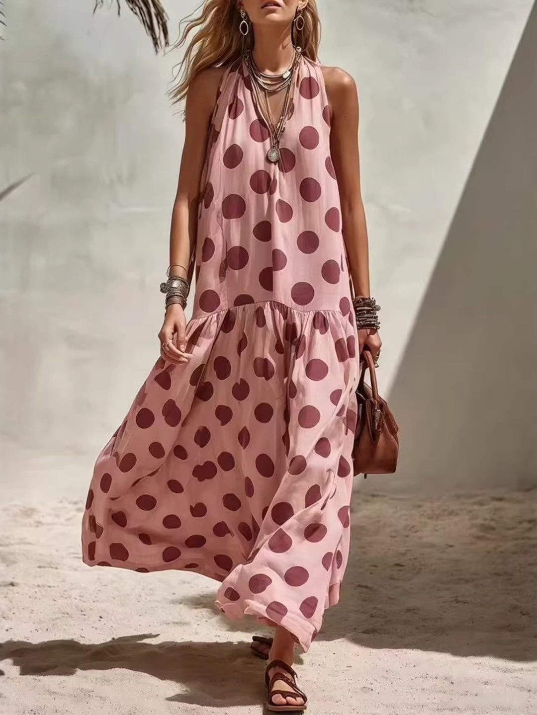 Abito Maxi a Pois con Scollo Halter per Donna, Senza Maniche, Stile Boho da Spiaggia