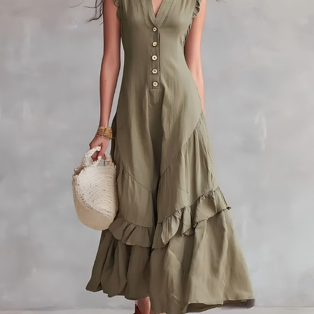 Elegante Abito Maxi Senza Maniche con Scollo a V e Orlo a Righe - Tessuto Bianco Lavabile Adatto per Pendolarismo e Abbigliamento Semi-Formale, Abito Monocromatico Lavabile in Lavatrice per Primavera Estate Autunno