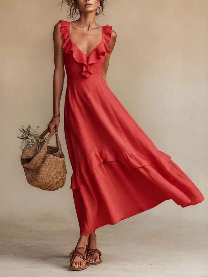 Abito Maxi con Righe a Volant in 4 Colori per Donne, Vestito Casual Senza Maniche a V per l'Estate, Giallo/Beige/Verde/Bianco