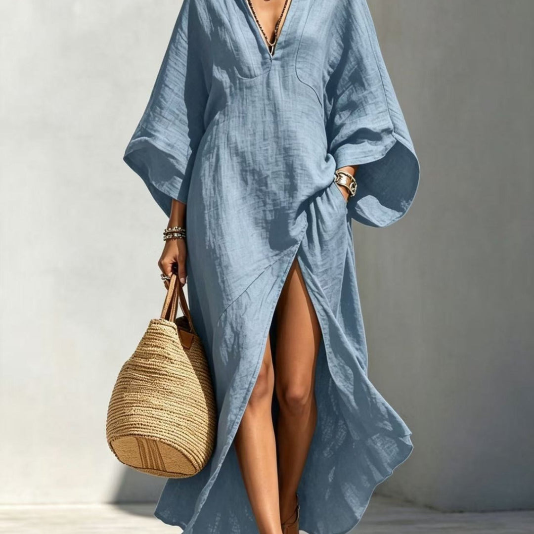 Abito Maxi con Maniche a Kimono - V-Neck con Fessura Frontale e Tasche Laterali, Stile Casual da Spiaggia