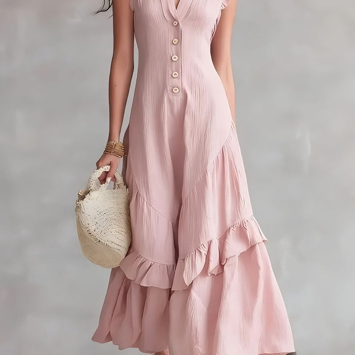 Elegante Abito Maxi Senza Maniche con Scollo a V e Orlo a Righe - Tessuto Bianco Lavabile Adatto per Pendolarismo e Abbigliamento Semi-Formale, Abito Monocromatico Lavabile in Lavatrice per Primavera Estate Autunno