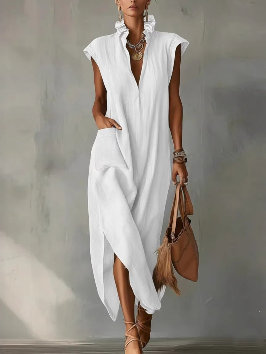 Abito Maxi in Lino per Donna, Collo Volante Senza Maniche con Tasche e Fessura Laterale, Vestibilità Larga, Stile Estivo Casual per Spiaggia, Vacanze, Uso Quotidiano
