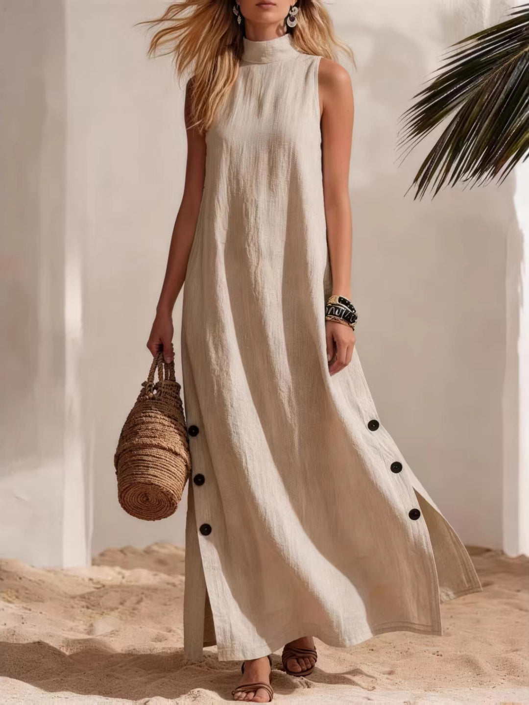 Donna - Abito Maxi Senza Maniche, Collo Alto con Fessura Laterale e Dettaglio Bottoni, Stile Casual da Spiaggia