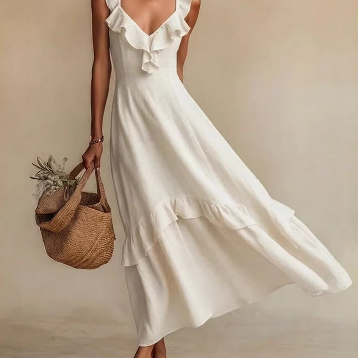 Abito Maxi Ruffle con Scollatura a V per Donna, Design con Orlo a Strati Senza Maniche, Stile Casual Elegante, Molti Colori per Estate, Spiaggia, Vacanze, Uso Quotidiano