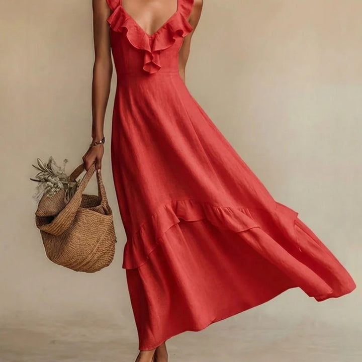 Abito Maxi con Righe a Volant in 4 Colori per Donne, Vestito Casual Senza Maniche a V per l'Estate, Giallo/Beige/Verde/Bianco