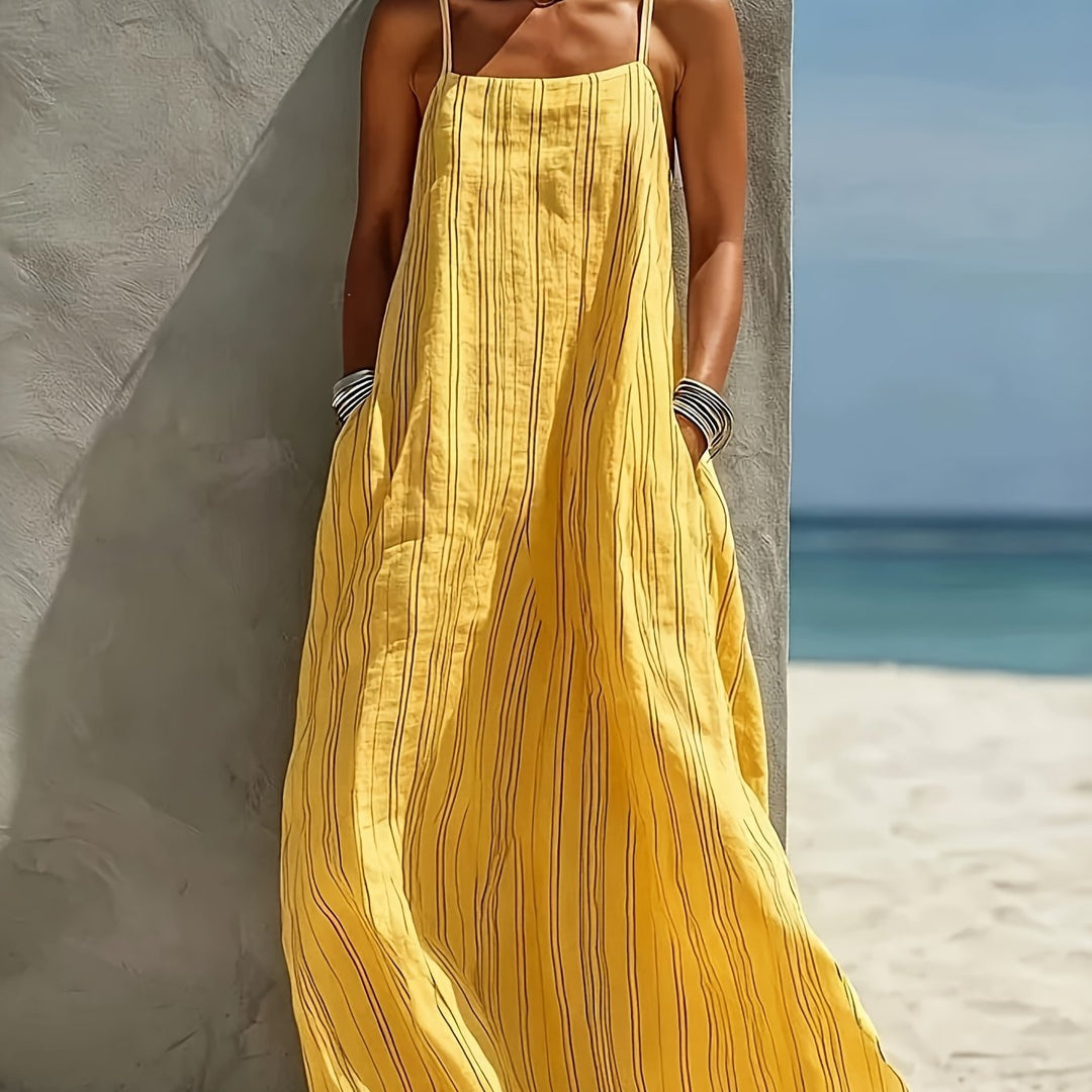 Abito Maxi in Lino a Righe da Donna - Senza Maniche con Scollo Quadrato - Abito a Linea con Tasche | Collo/Camelien Adatto per Vacanze al Mare, Abbigliamento da Resort | Abito Estivo Lungo e Fluttuante per Viaggi, Outfit Giornalieri | Abito Lavabile in La