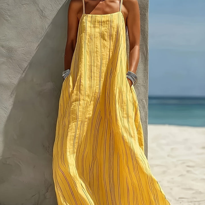 Abito Maxi in Lino a Righe da Donna - Senza Maniche con Scollo Quadrato - Abito a Linea con Tasche | Collo/Camelien Adatto per Vacanze al Mare, Abbigliamento da Resort | Abito Estivo Lungo e Fluttuante per Viaggi, Outfit Giornalieri | Abito Lavabile in La