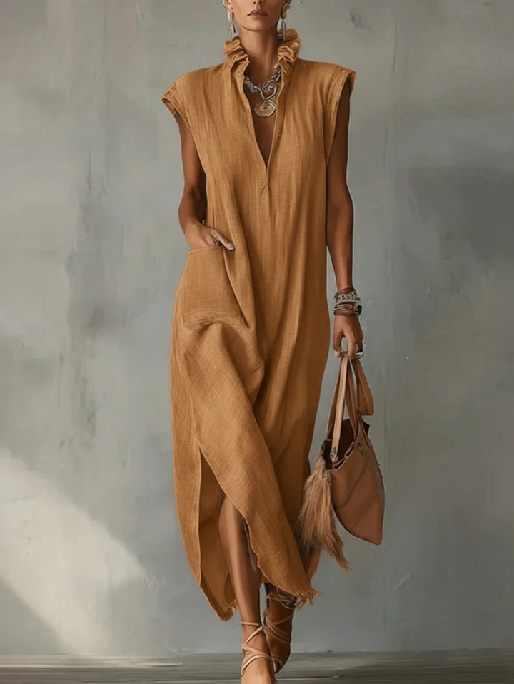 Abito Maxi in Lino per Donna, Collo Volante Senza Maniche con Tasche e Fessura Laterale, Vestibilità Larga, Stile Estivo Casual per Spiaggia, Vacanze, Uso Quotidiano
