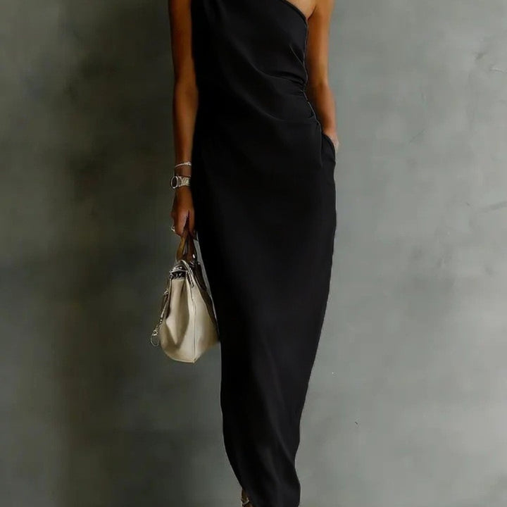 Abito Maxi Senza Maniche a Spalla Unica per Donna, Orlo Asimmetrico Arricciato con Tasca Laterale, Stile Elegante per Feste, Disponibile in 6 Colori
