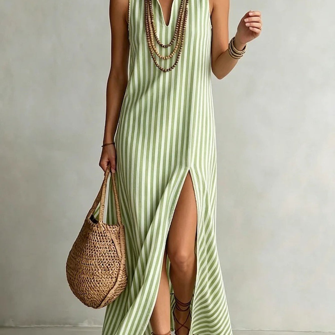 Abito Maxi Senza Maniche a Righe per Donna, Collo Alto a V con Fessura Anteriore, Abbigliamento da Spiaggia Casual