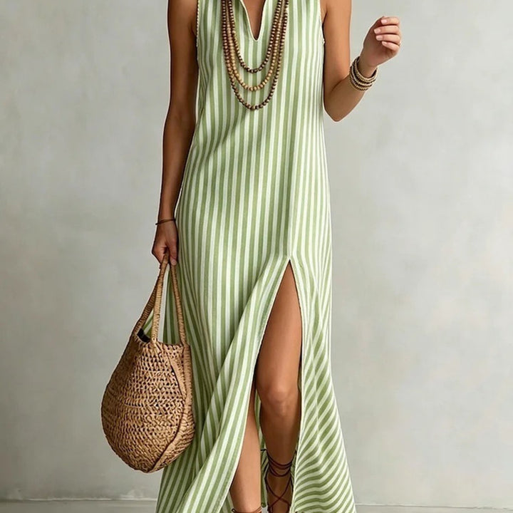 Abito Maxi Senza Maniche a Righe per Donna, Collo Alto a V con Fessura Anteriore, Abbigliamento Estivo Casual