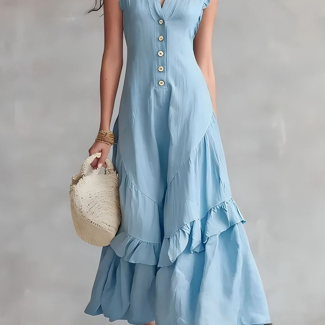 Elegante Abito Maxi Senza Maniche con Scollo a V e Orlo a Righe - Tessuto Bianco Lavabile Adatto per Pendolarismo e Abbigliamento Semi-Formale, Abito Monocromatico Lavabile in Lavatrice per Primavera Estate Autunno