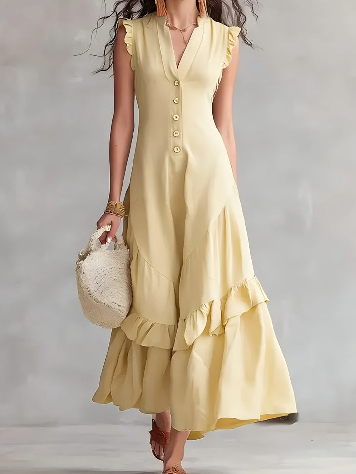 Elegante Abito Maxi Senza Maniche con Scollo a V e Orlo a Righe - Tessuto Bianco Lavabile Adatto per Pendolarismo e Abbigliamento Semi-Formale, Abito Monocromatico Lavabile in Lavatrice per Primavera Estate Autunno