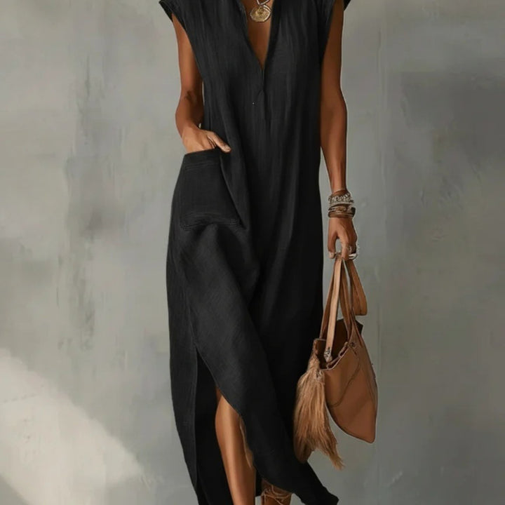 Abito Maxi in Lino per Donna, Collo Volante Senza Maniche con Tasche e Fessura Laterale, Vestibilità Larga, Stile Estivo Casual per Spiaggia, Vacanze, Uso Quotidiano