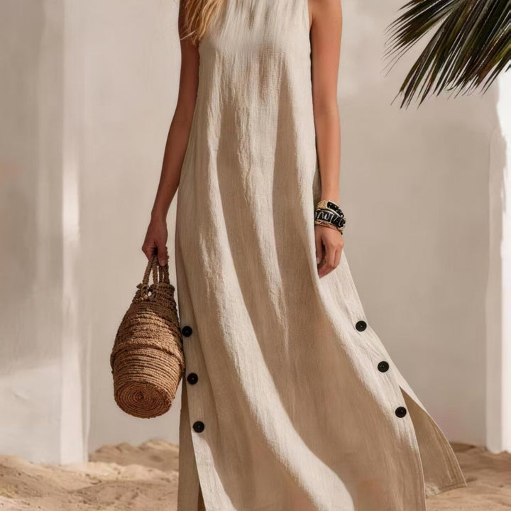 Donna - Abito Maxi Senza Maniche, Collo Alto con Fessura Laterale e Dettaglio Bottoni, Stile Casual da Spiaggia