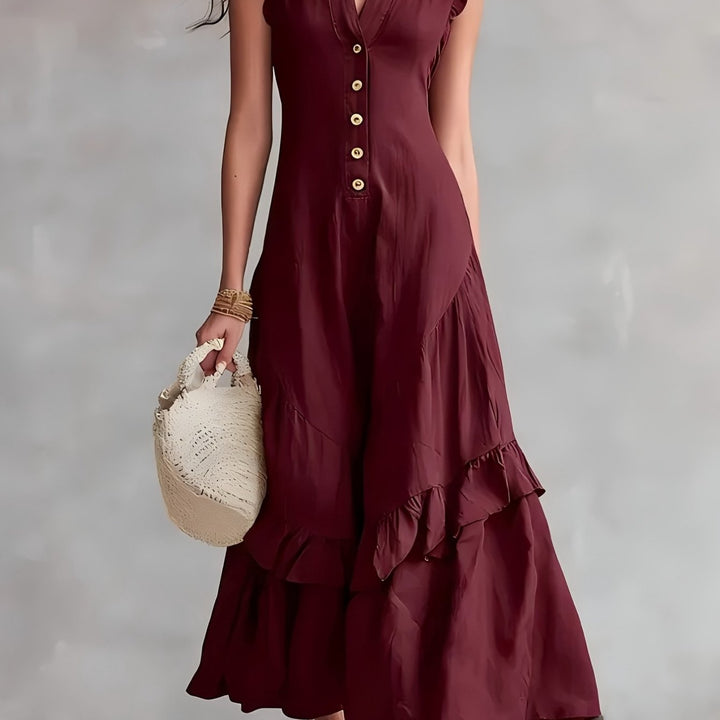 Elegante Abito Maxi Senza Maniche con Scollo a V e Orlo a Righe - Tessuto Bianco Lavabile Adatto per Pendolarismo e Abbigliamento Semi-Formale, Abito Monocromatico Lavabile in Lavatrice per Primavera Estate Autunno
