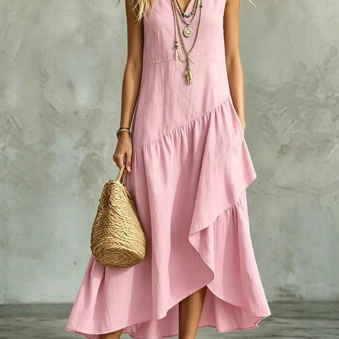 Abito Maxi Asimmetrico Senza Maniche con Scollatura a V, Abito Casual con Orlo Alto-Basso e Tasche, Abito Estivo Fluttuante in Colore Unito per Donne