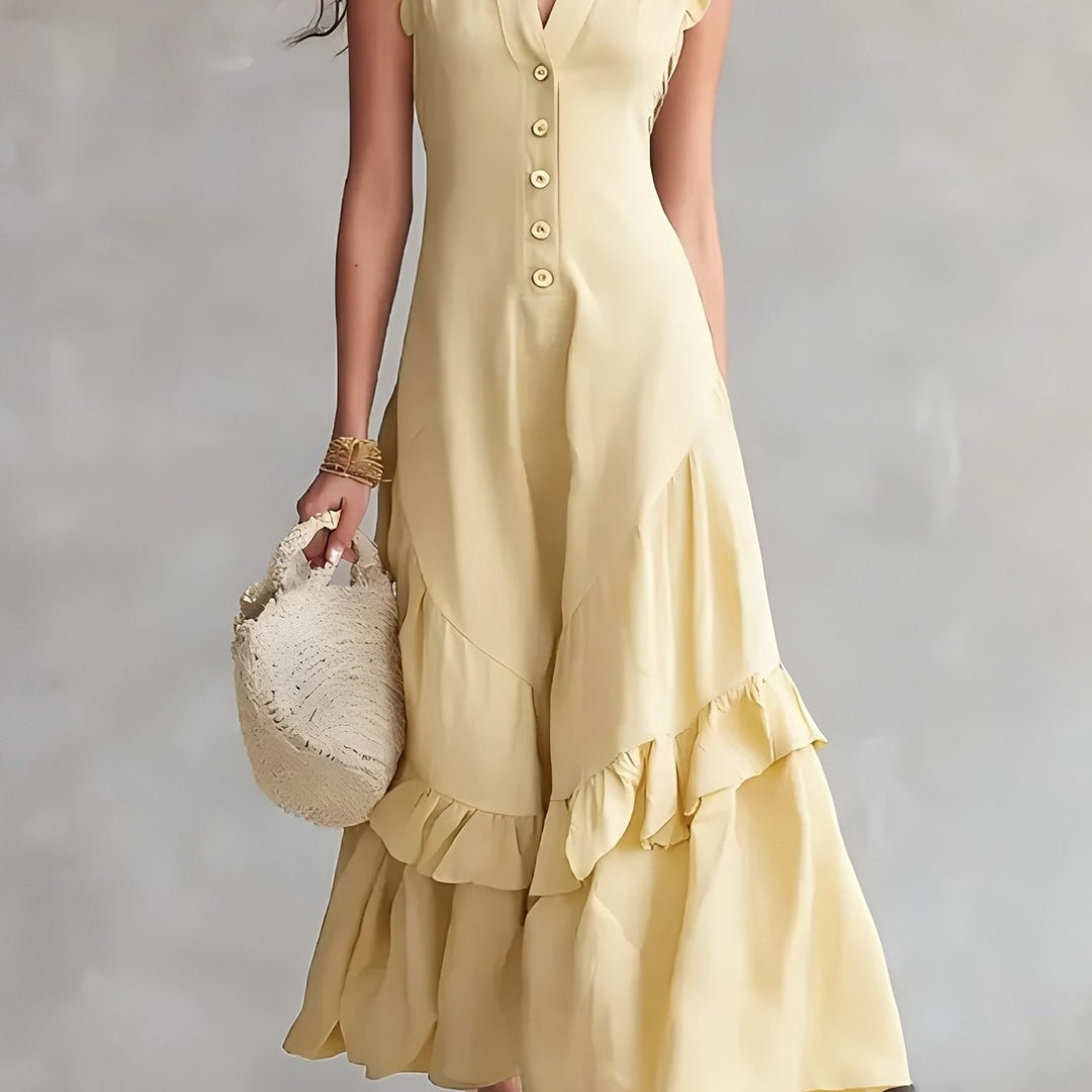 Elegante Abito Maxi Senza Maniche con Scollo a V e Orlo a Righe - Tessuto Bianco Lavabile Adatto per Pendolarismo e Abbigliamento Semi-Formale, Abito Monocromatico Lavabile in Lavatrice per Primavera Estate Autunno
