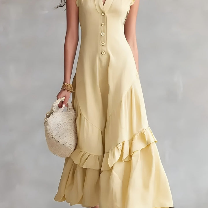 Elegante Abito Maxi Senza Maniche con Scollo a V e Orlo a Righe - Tessuto Bianco Lavabile Adatto per Pendolarismo e Abbigliamento Semi-Formale, Abito Monocromatico Lavabile in Lavatrice per Primavera Estate Autunno