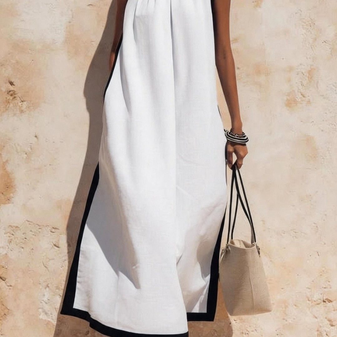 Abito Maxi da Donna con Scollo a Halter, Senza Maniche con Rifiniture a Contrasto e Tasche Laterali, Stile Casual Estivo