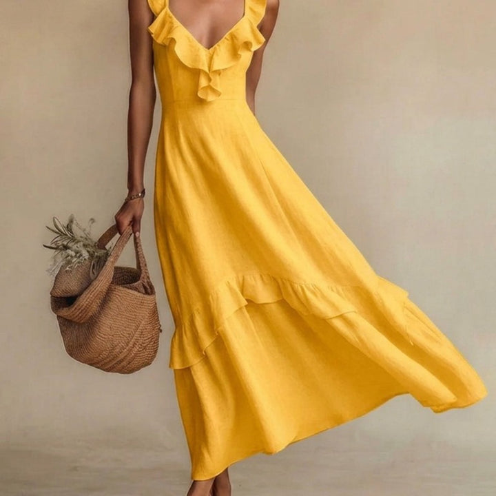 Abito Maxi Ruffle con Scollatura a V per Donna, Design con Orlo a Strati Senza Maniche, Stile Casual Elegante, Molti Colori per Estate, Spiaggia, Vacanze, Uso Quotidiano