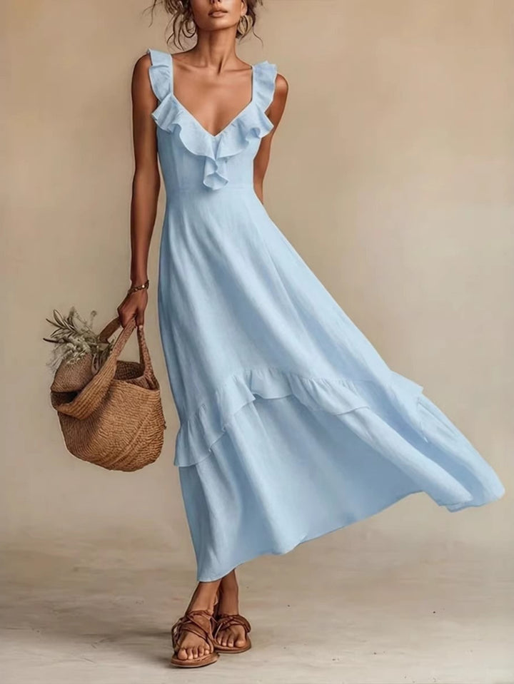 Abito Maxi Ruffle con Scollatura a V per Donna, Design con Orlo a Strati Senza Maniche, Stile Casual Elegante, Molti Colori per Estate, Spiaggia, Vacanze, Uso Quotidiano