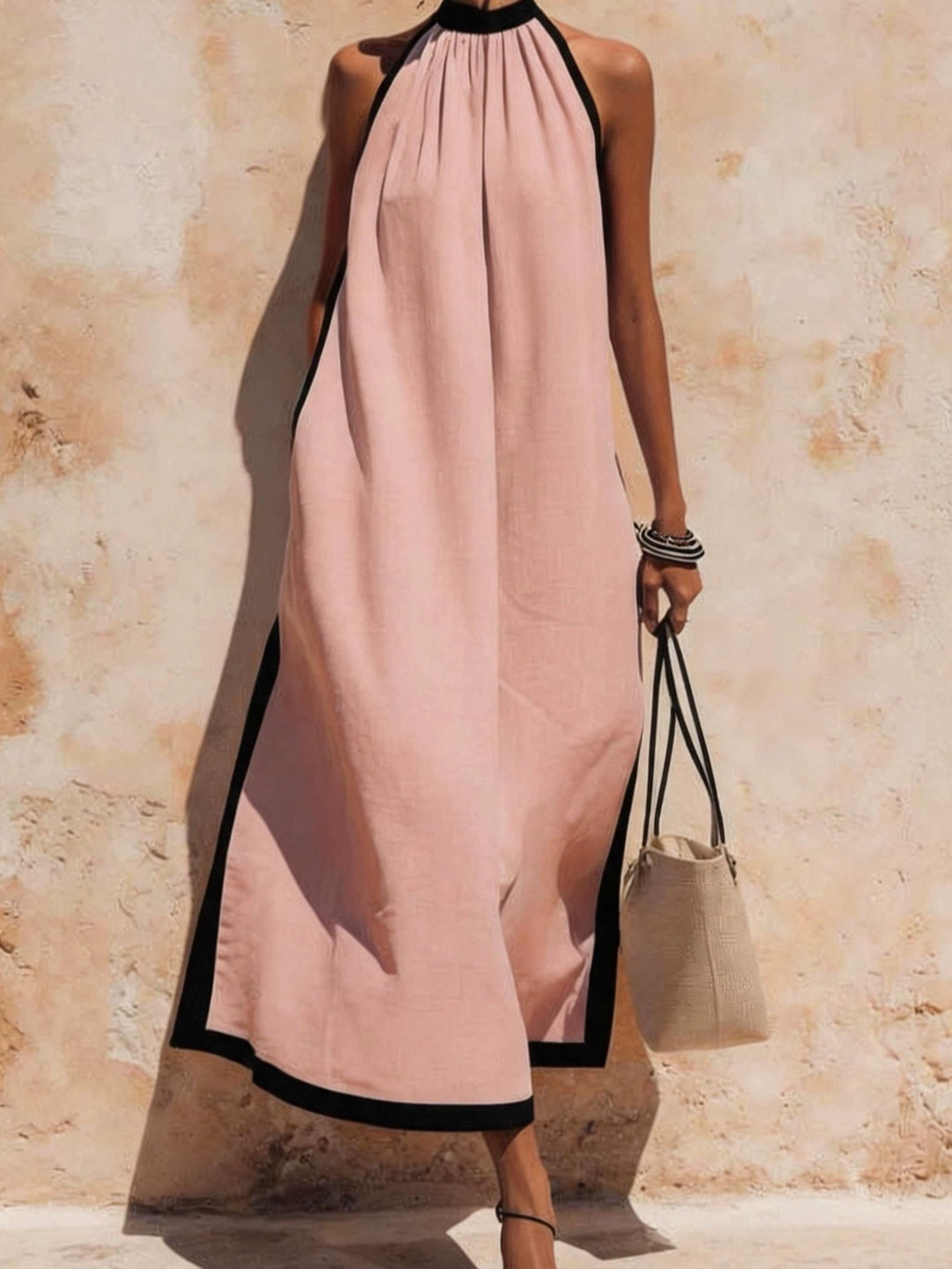 Abito Maxi da Donna con Scollo a Halter, Senza Maniche con Rifiniture a Contrasto e Tasche Laterali, Stile Casual Estivo