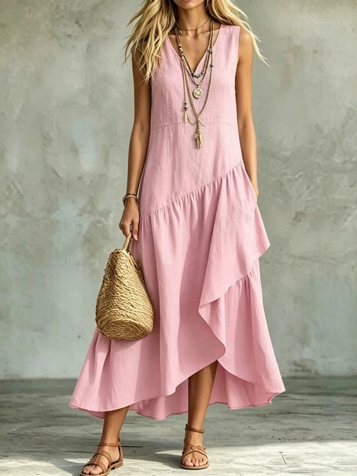 Abito Maxi Asimmetrico Senza Maniche con Scollatura a V, Abito Casual con Orlo Alto-Basso e Tasche, Abito Estivo Fluttuante in Colore Unito per Donne