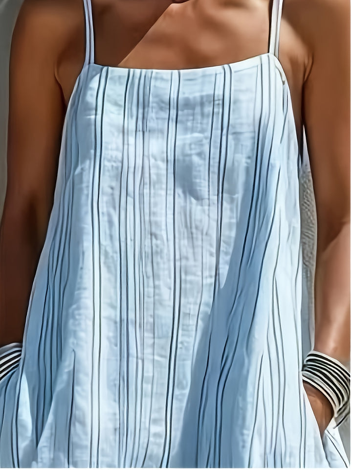 Abito Maxi in Lino a Righe da Donna - Senza Maniche con Scollo Quadrato - Abito a Linea con Tasche | Collo/Camelien Adatto per Vacanze al Mare, Abbigliamento da Resort | Abito Estivo Lungo e Fluttuante per Viaggi, Outfit Giornalieri | Abito Lavabile in La