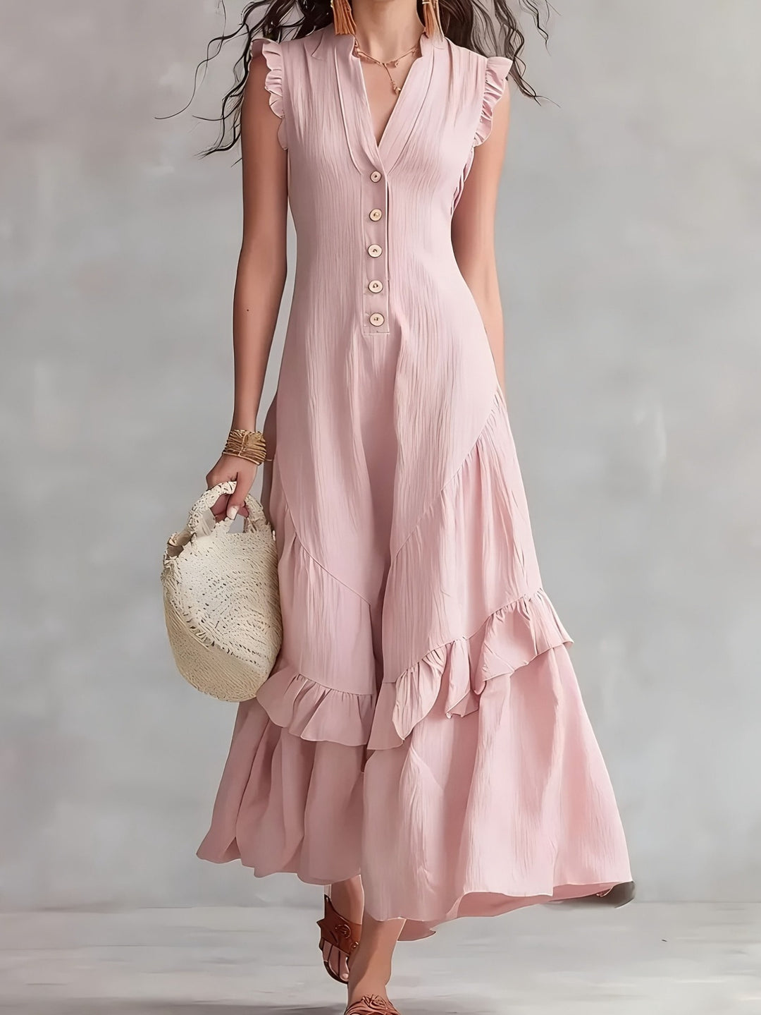 Elegante Abito Maxi Senza Maniche con Scollo a V e Orlo a Righe - Tessuto Bianco Lavabile Adatto per Pendolarismo e Abbigliamento Semi-Formale, Abito Monocromatico Lavabile in Lavatrice per Primavera Estate Autunno