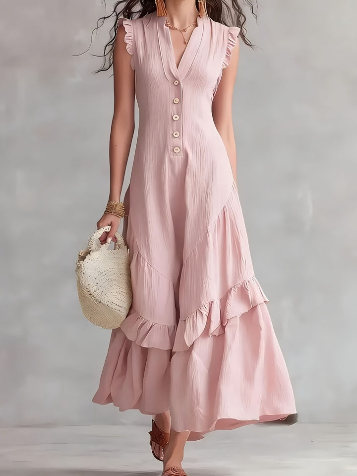 Elegante Abito Maxi Senza Maniche con Scollo a V e Orlo a Righe - Tessuto Bianco Lavabile Adatto per Pendolarismo e Abbigliamento Semi-Formale, Abito Monocromatico Lavabile in Lavatrice per Primavera Estate Autunno