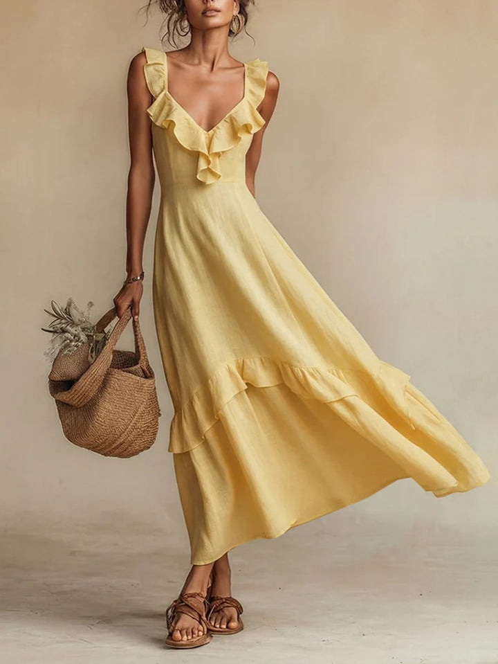 Abito Maxi con Righe a Volant in 4 Colori per Donne, Vestito Casual Senza Maniche a V per l'Estate, Giallo/Beige/Verde/Bianco