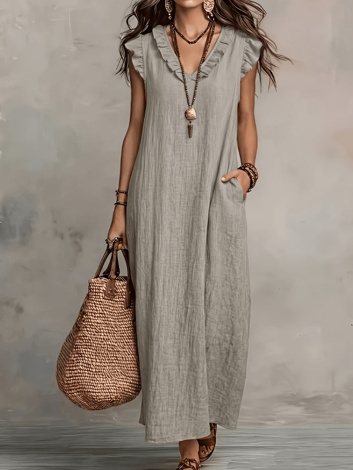 Abito lungo senza maniche a V con volant per donna, tessuto in lino traspirante e amico della pelle, stile versatile per vacanze e pendolarismo, design morbido, abito lungo fresco e rilassato per l'estate