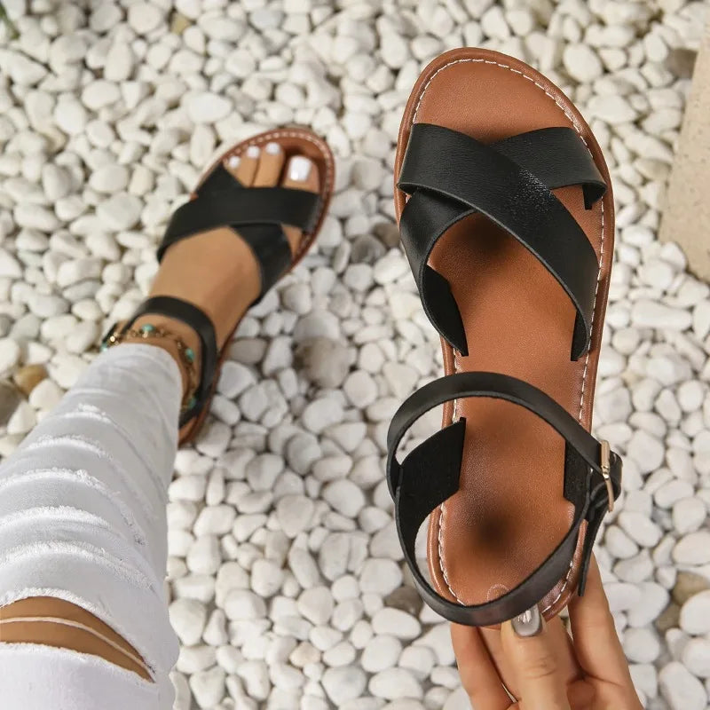 2026 New  Leather Roman Sandals Women Summer New Soft Sole Women's Casual Flat Sandal Brown Color Comfortable Shoes for Women