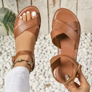 2026 New  Leather Roman Sandals Women Summer New Soft Sole Women's Casual Flat Sandal Brown Color Comfortable Shoes for Women