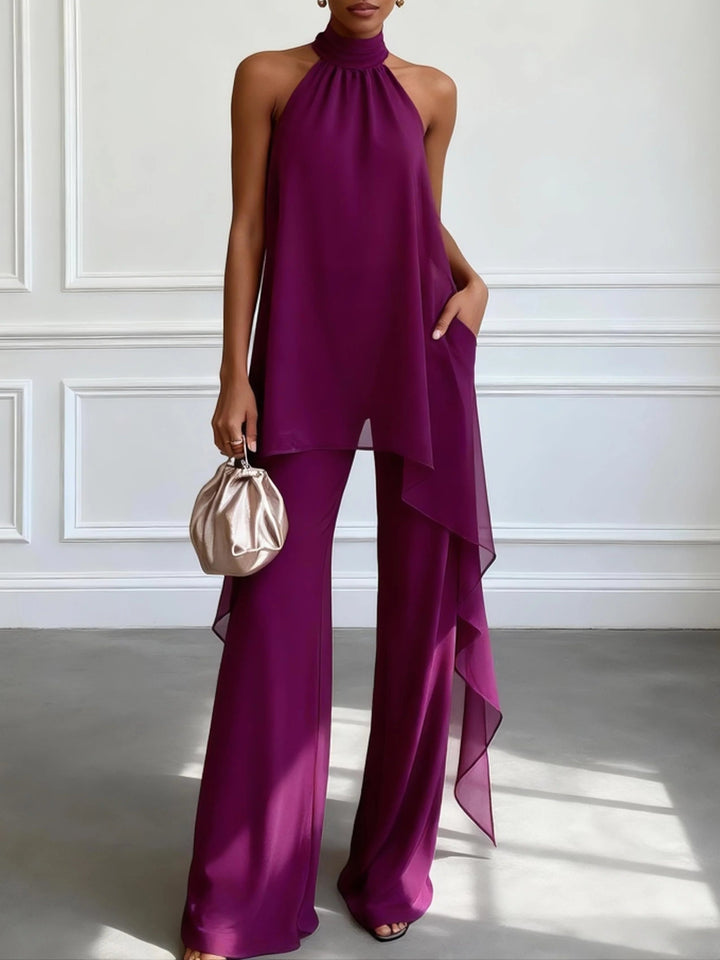 Top Elegante Viola Senza Maniche con Pantaloni Set Due Pezzi