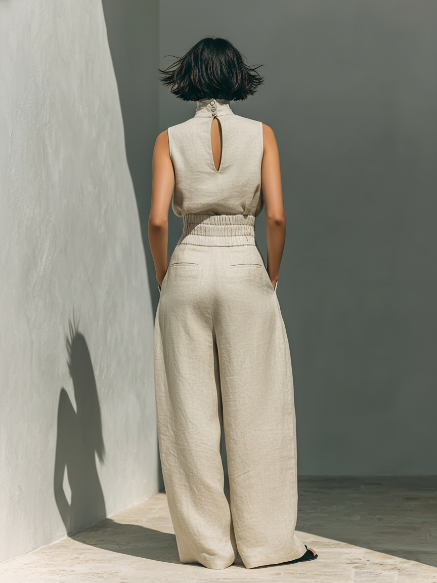 Set Top Senzamaniche e Pantaloni a Gamba Larga Sienna