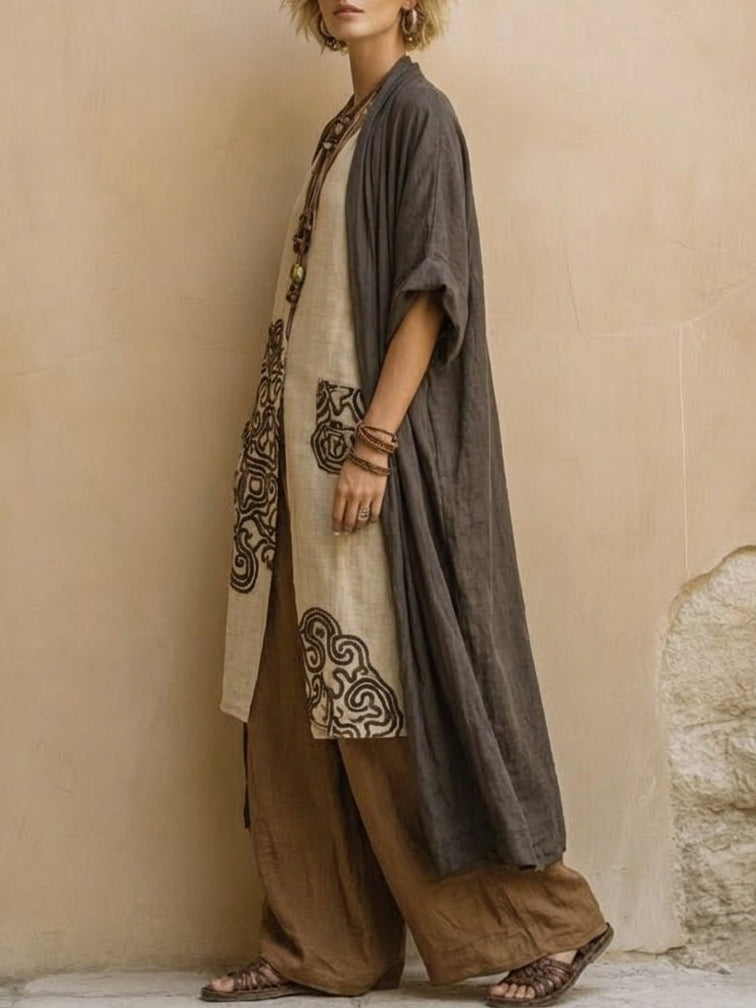 Set di Tre Pezzi con Motivo Tribale Bohemien Nomade Grigio Scuro e Marrone